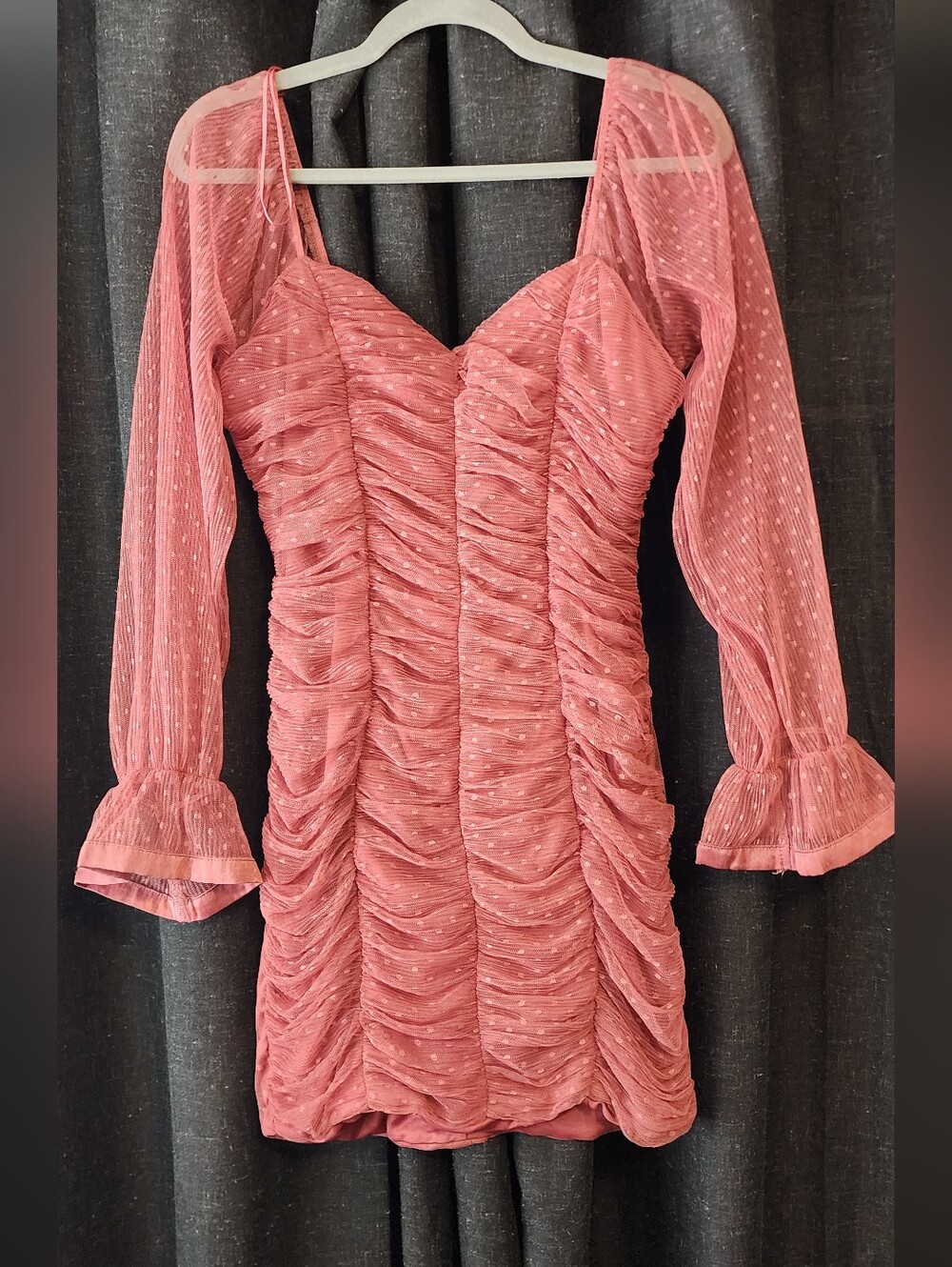Haute Monde Pink Ruched Mesh Dress – Sheer Sleeves, Dotted Tulle, Size XL Y2k